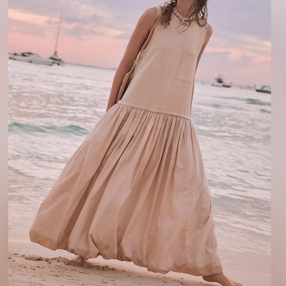 Free People Dresses & Skirts - Free People Calla Lily Mixed Media Maxi Dress Pockets Drop Waist Bubble Skirt